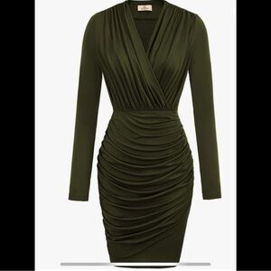 NWT Grace Karin Retro Long Sleeve Ruched Wrap Party Pencil Dress Army Green